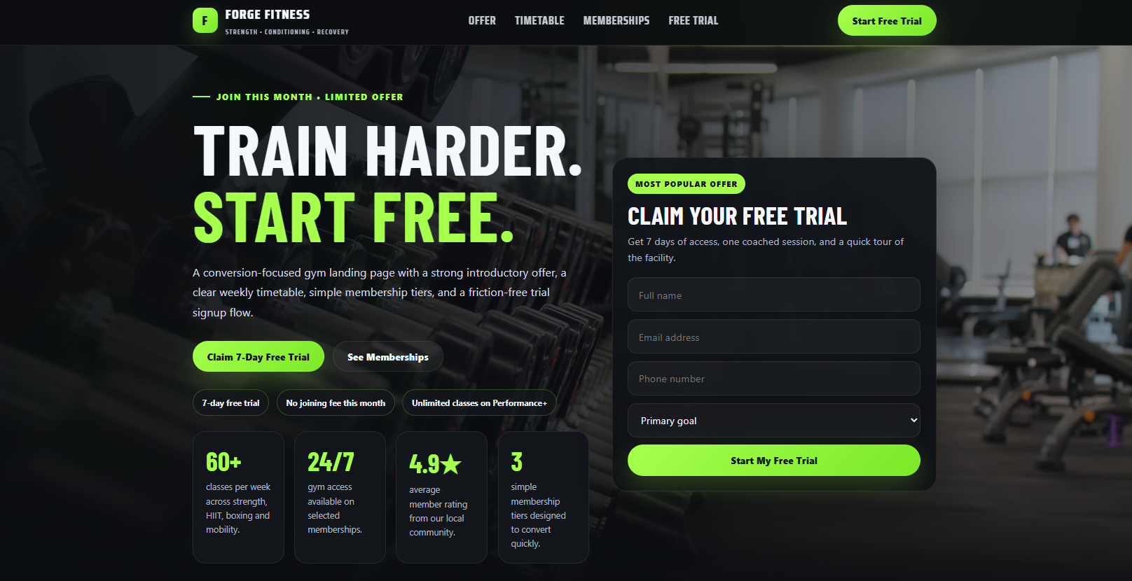 Forge Fitness gym landing page preview